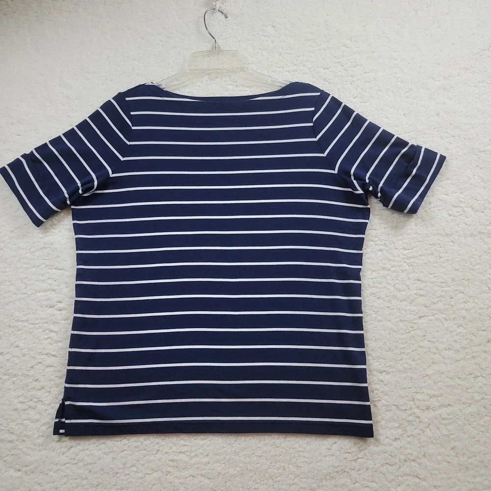 Lauren Ralph Lauren Top Women 1X Navy Blue White Striped Boat Neck Short Sleeve - Picture 2 of 8